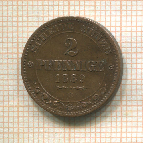 2 пфеннига. Саксония 1869г