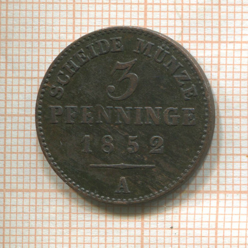 3 пфеннинга. Пруссия 1852г